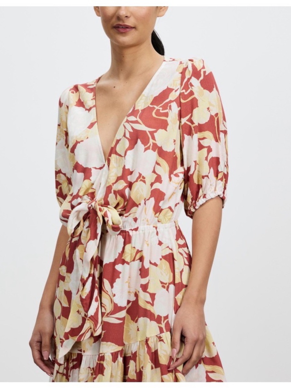 KIVARI Floral Tie-Front V-Neck Midi Dress in Rust, Cream & Pale Yellow